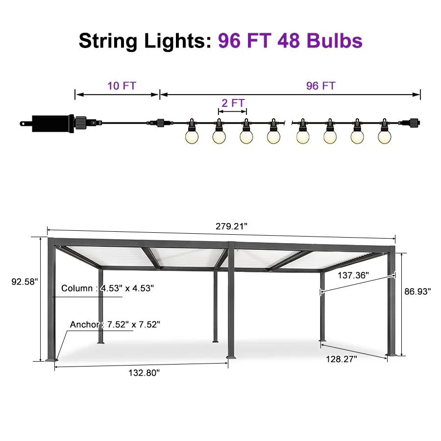 PURPLE LEAF Caesar Louvered Pergola with String Lights Patio Aluminum Pergola with Independent Adjustable Rainproof Roof With Yellow Lights