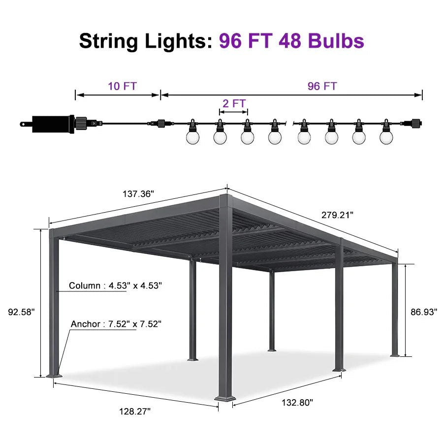 PURPLE LEAF Caesar Louvered Pergola with Milky String Lights Patio Aluminum Pergola with Independent Adjustable Rainproof Roof Hardtop Pergola for Outdoor Deck Garden Yard
