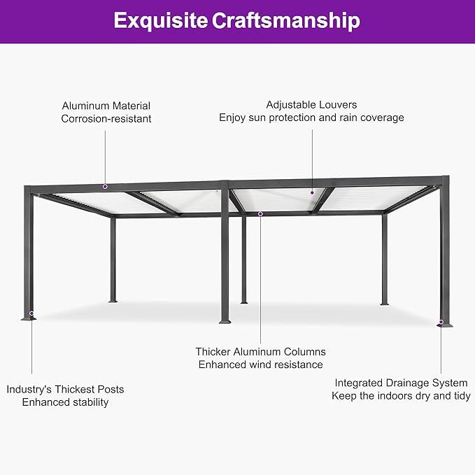 PURPLE LEAF Caesar Outdoor Louvered Pergola Patio Sun Shade Shelter with Adjustable Hardtop Patio Pergola Gray Frame White Roof