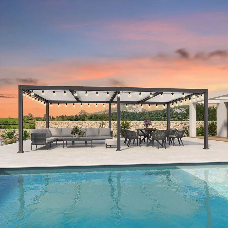 PURPLE LEAF Caesar Louvered Pergola with String Lights Patio Aluminum Pergola with Independent Adjustable Rainproof Roof With Yellow Lights