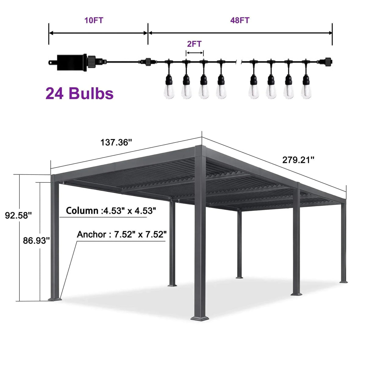 PURPLE LEAF Caesar Louvered Pergola with Milky String Lights Patio Aluminum Pergola with Independent Adjustable Rainproof Roof Hardtop Pergola for Outdoor Deck Garden Yard