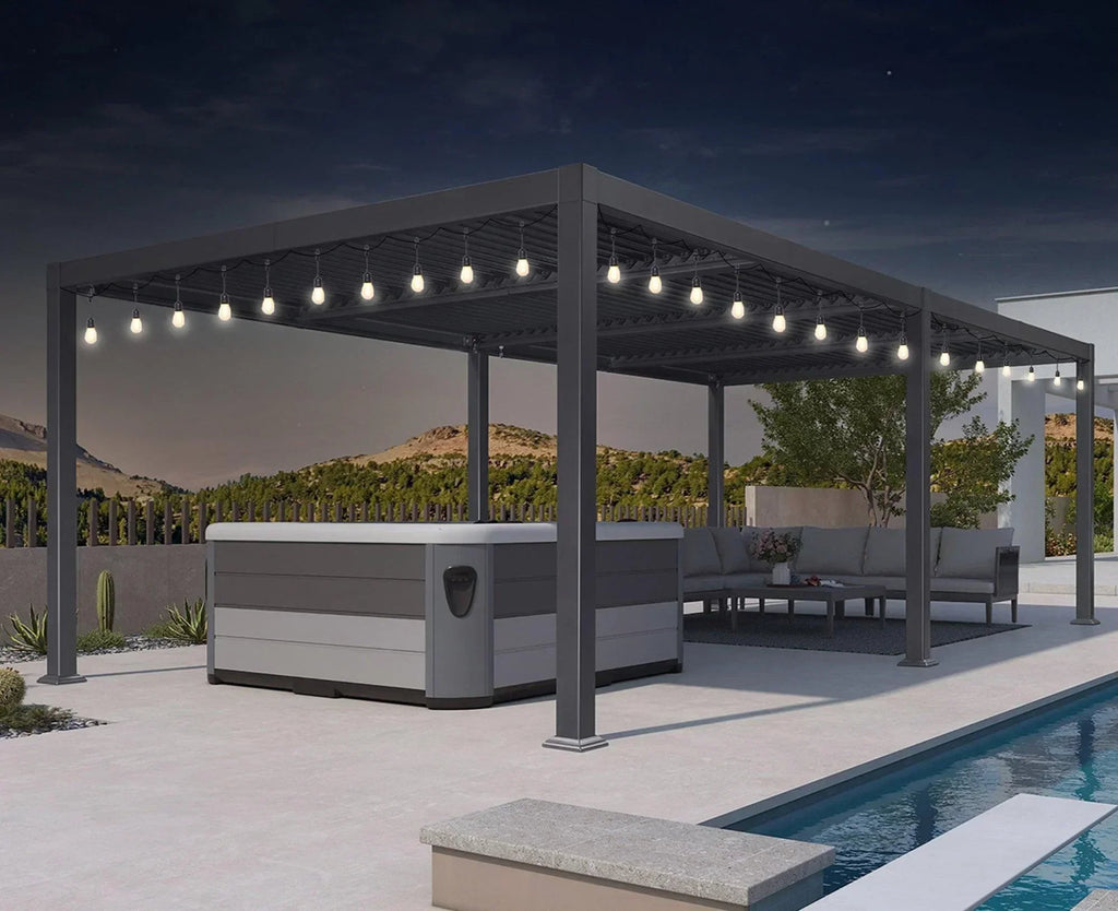 PURPLE LEAF Caesar Louvered Pergola with Milky String Lights Patio Aluminum Pergola with Independent Adjustable Rainproof Roof With Milky Lights