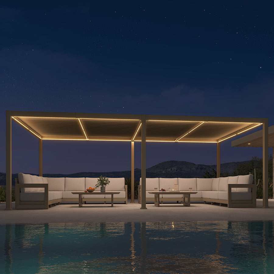PURPLE LEAF Caesar Solar Louvered Pergola with LED Strip Lights and Control Panel Aluminum Outdoor Pergola with Adjustable Roof for Patio Deck Garden Yard Champagne