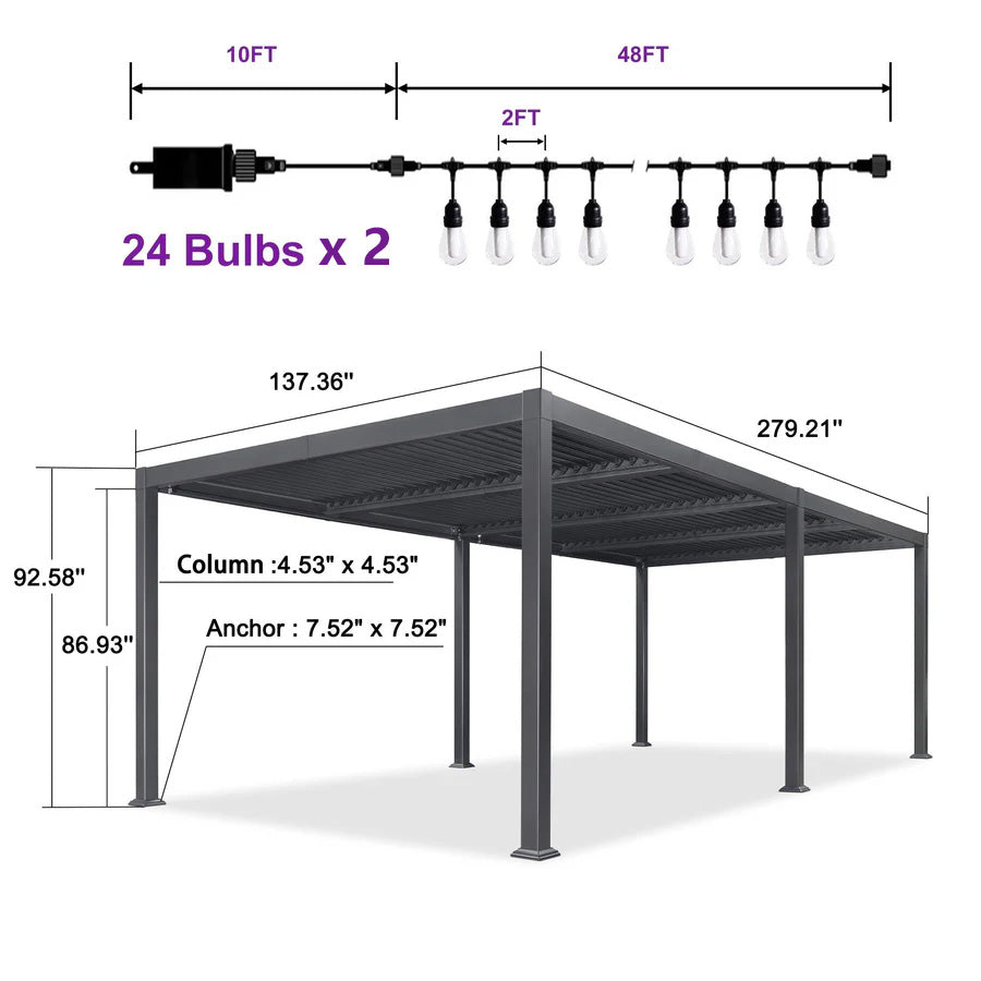 PURPLE LEAF Caesar Louvered Pergola with Yellow String Lights Patio Aluminum Pergola with Independent Adjustable Rainproof Roof Hardtop Pergola for Outdoor Deck Garden Yard