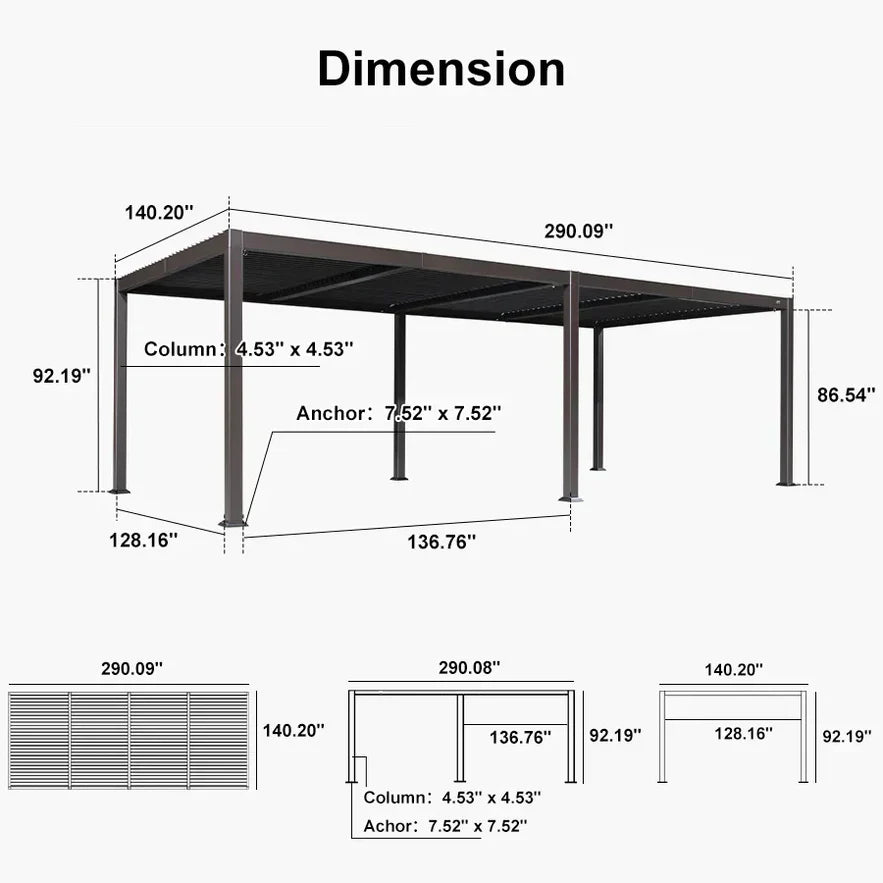 PURPLE LEAF Caesar Solar Louvered Pergola with LED Strip Lights and Control Panel Aluminum Outdoor Pergola with Adjustable Roof for Patio Deck Garden Yard Bronze