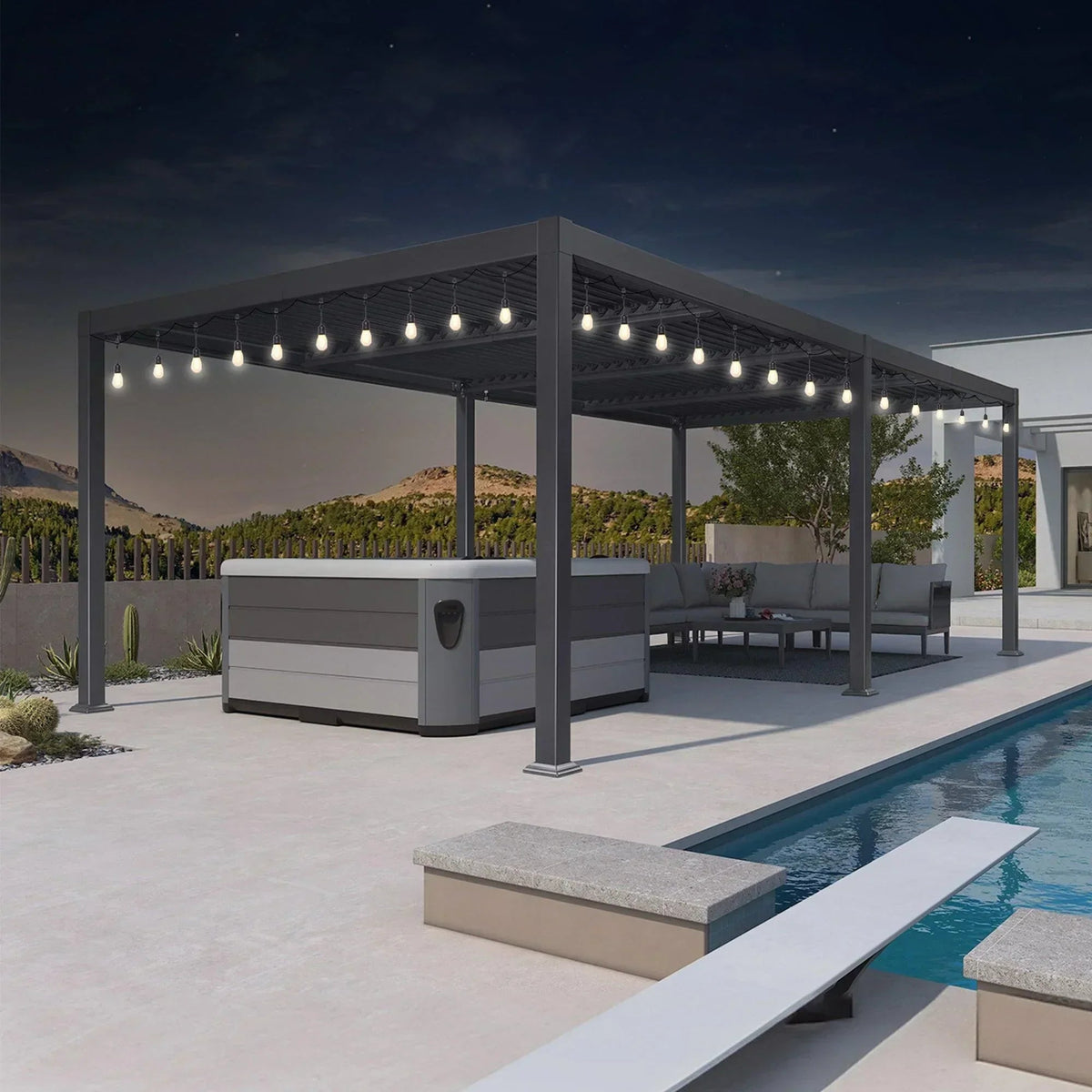 PURPLE LEAF Caesar Louvered Pergola with Milky String Lights Patio Aluminum Pergola with Independent Adjustable Rainproof Roof Hardtop Pergola for Outdoor Deck Garden Yard