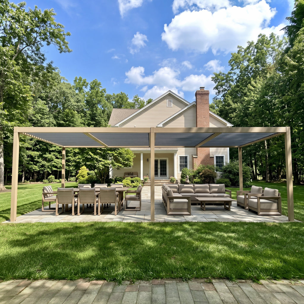 PURPLE LEAF Caesar Louvered Pergola Outdoor Wood Grain Aluminum Pergola with Adjustable Roof Patio Hardtop Gazebo for Backyard Garden
