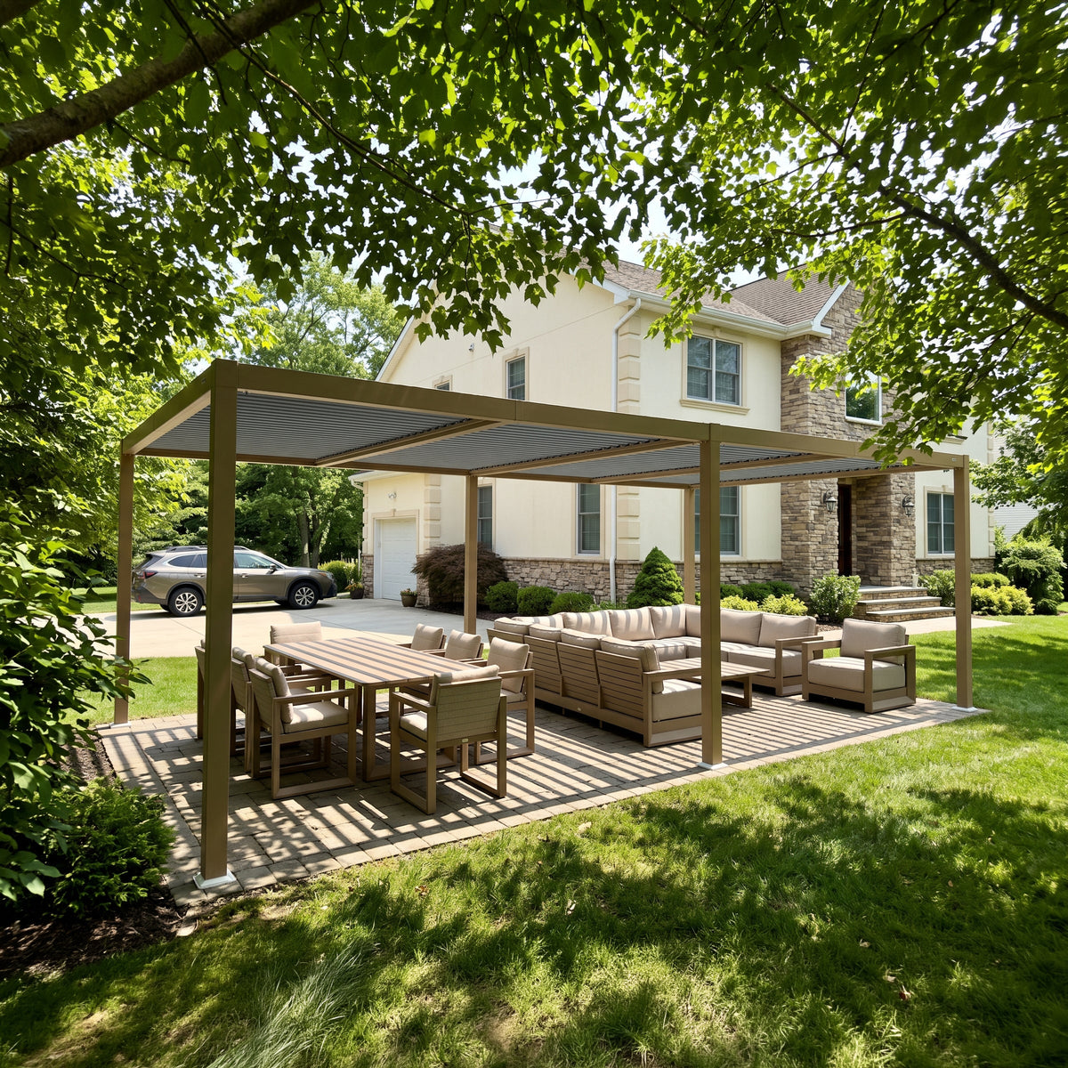 PURPLE LEAF Caesar Louvered Pergola Outdoor Wood Grain Aluminum Pergola with Adjustable Roof Patio Hardtop Gazebo for Backyard Garden