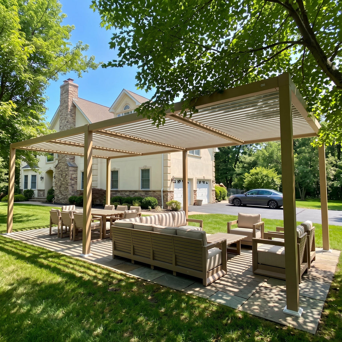 PURPLE LEAF Caesar Louvered Pergola Outdoor Wood Grain Aluminum Pergola with Adjustable Roof Patio Hardtop Gazebo for Backyard Garden