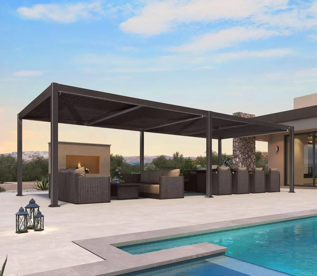 PURPLE LEAF Caesar Louvered Pergola Outdoor Adjustable Louvre Shade Modern Patio Aluminum Pergola with  Milky Lights