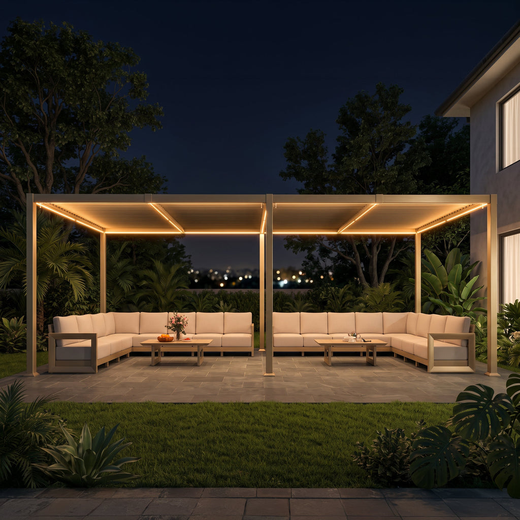 PURPLE LEAF Caesar Solar Louvered Pergola with LED Strip Lights and Control Panel Aluminum Outdoor Pergola with Adjustable Roof for Patio Deck Garden Yard Champagne