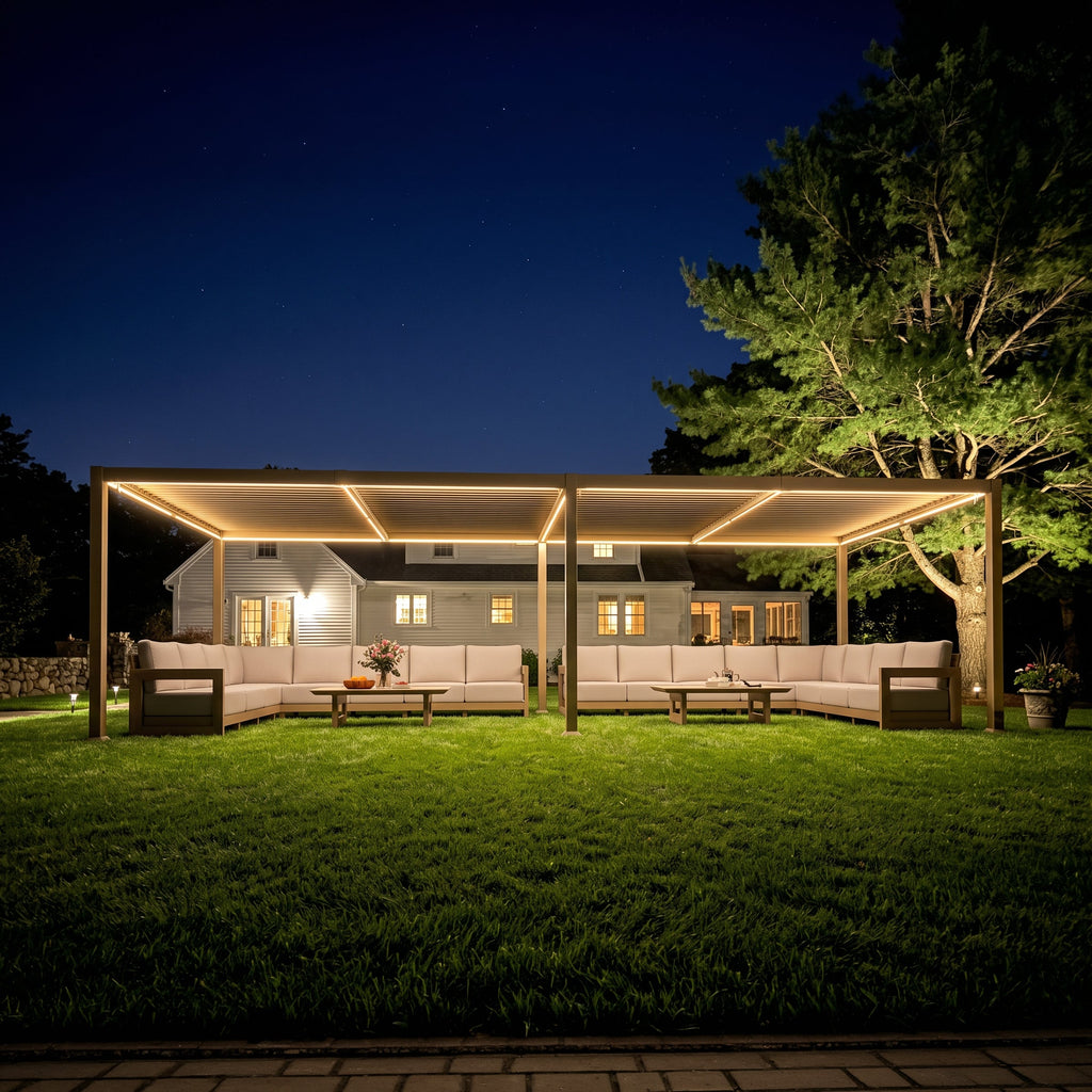 PURPLE LEAF Caesar Solar Louvered Pergola with LED Strip Lights and Control Panel Aluminum Outdoor Pergola with Adjustable Roof for Patio Deck Garden Yard Champagne