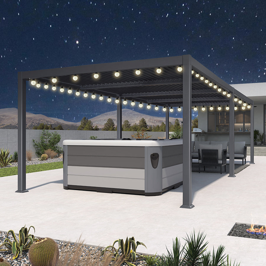 PURPLE LEAF Caesar Louvered Pergola with Yellow String Lights Patio Aluminum Pergola with Independent Adjustable Rainproof Roof Hardtop Pergola for Outdoor Deck Garden Yard