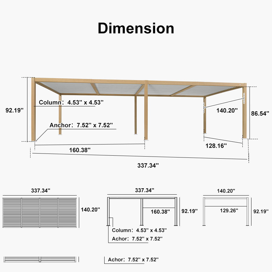 PURPLE LEAF Caesar Louvered Pergola Outdoor Wood Grain Aluminum Pergola with Adjustable Roof Patio Hardtop Gazebo for Backyard Garden