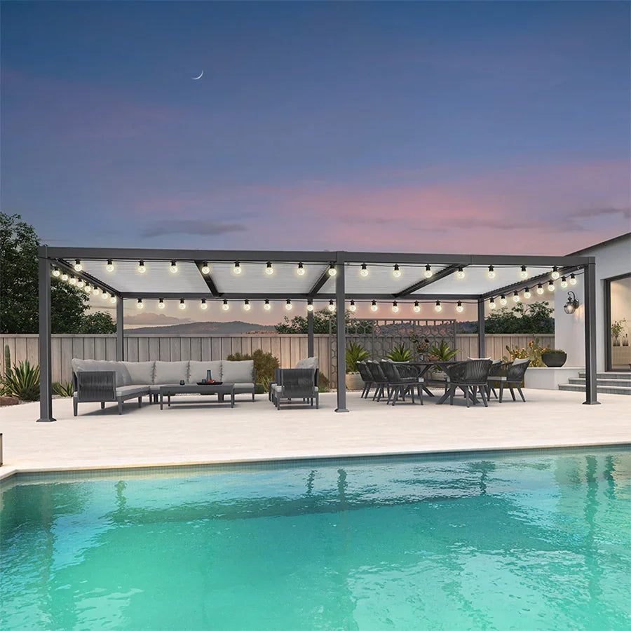PURPLE LEAF Caesar Louvered Pergola with String Lights Patio Aluminum Pergola with Independent Adjustable Rainproof Roof With Yellow Lights