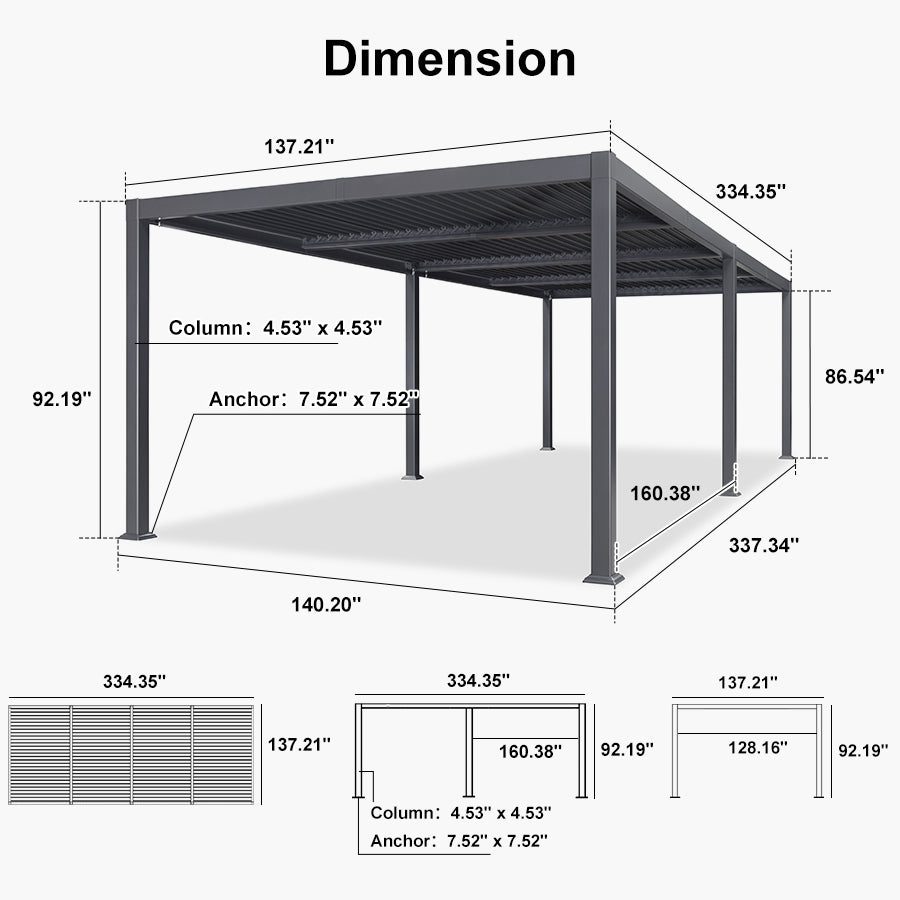 PURPLE LEAF Caesar Solar Louvered Pergola with LED Strip Lights and Control Panel Aluminum Outdoor Pergola with Adjustable Roof for Patio Deck Garden Yard Gray