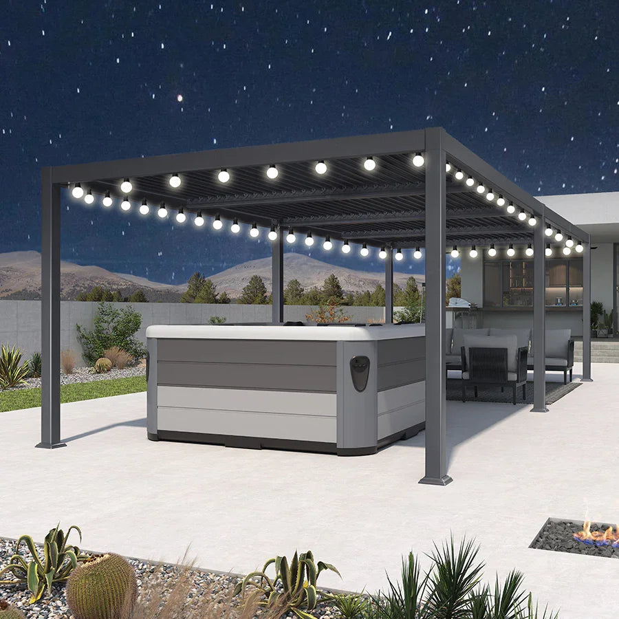 PURPLE LEAF Caesar Louvered Pergola with Milky String Lights Patio Aluminum Pergola with Independent Adjustable Rainproof Roof Hardtop Pergola for Outdoor Deck Garden Yard