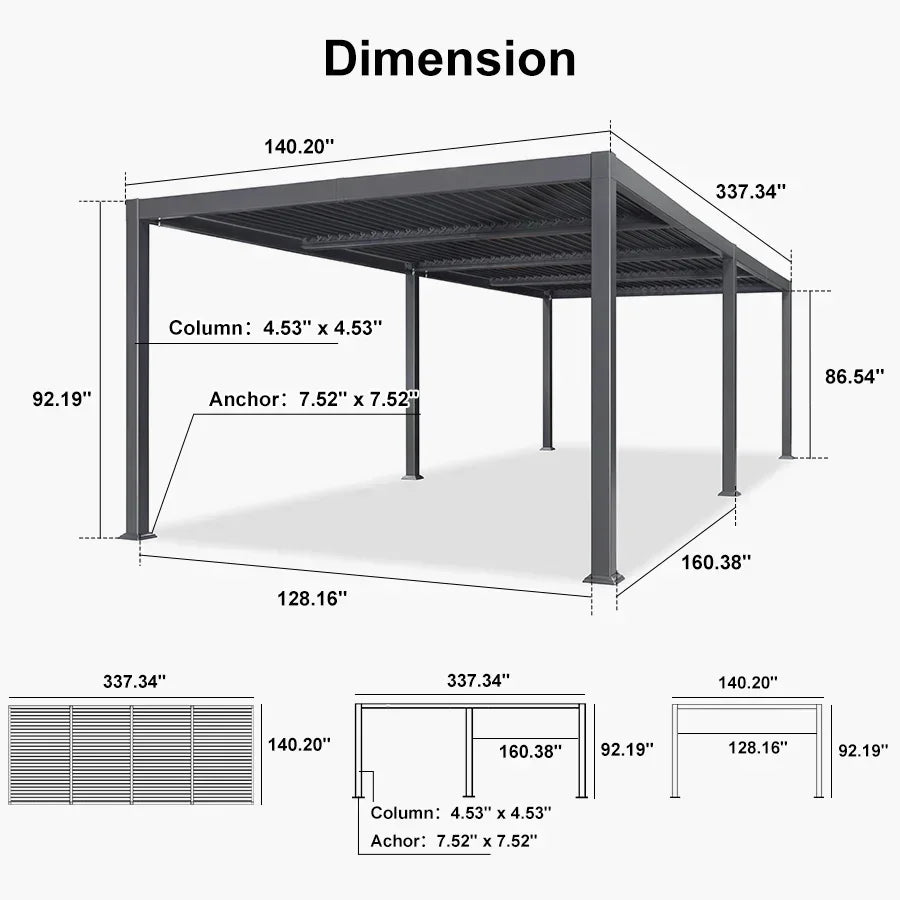 PURPLE LEAF Caesar Solar Louvered Pergola with LED Strip Lights and Control Panel Aluminum Outdoor Pergola with Adjustable Roof for Patio Deck Garden Yard Gray
