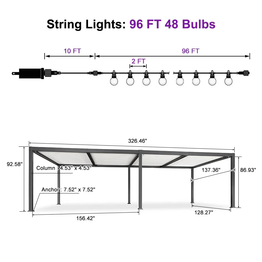 PURPLE LEAF Caesar Louvered Pergola with Milky String Lights Patio Aluminum Pergola with Independent Adjustable Rainproof Roof With Milky Lights