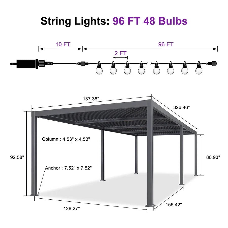 PURPLE LEAF Caesar Louvered Pergola with Milky String Lights Patio Aluminum Pergola with Independent Adjustable Rainproof Roof Hardtop Pergola for Outdoor Deck Garden Yard