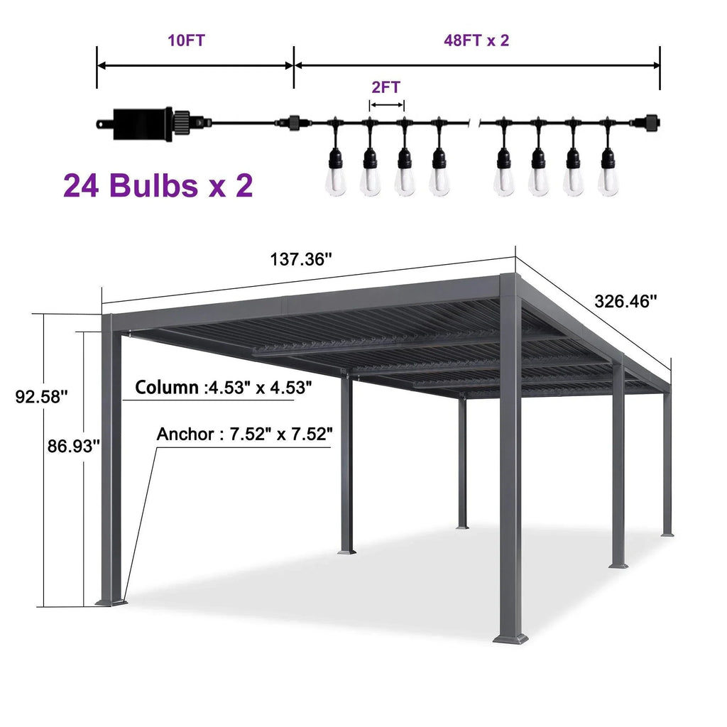PURPLE LEAF Caesar Louvered Pergola with Milky String Lights Patio Aluminum Pergola with Independent Adjustable Rainproof Roof Hardtop Pergola for Outdoor Deck Garden Yard