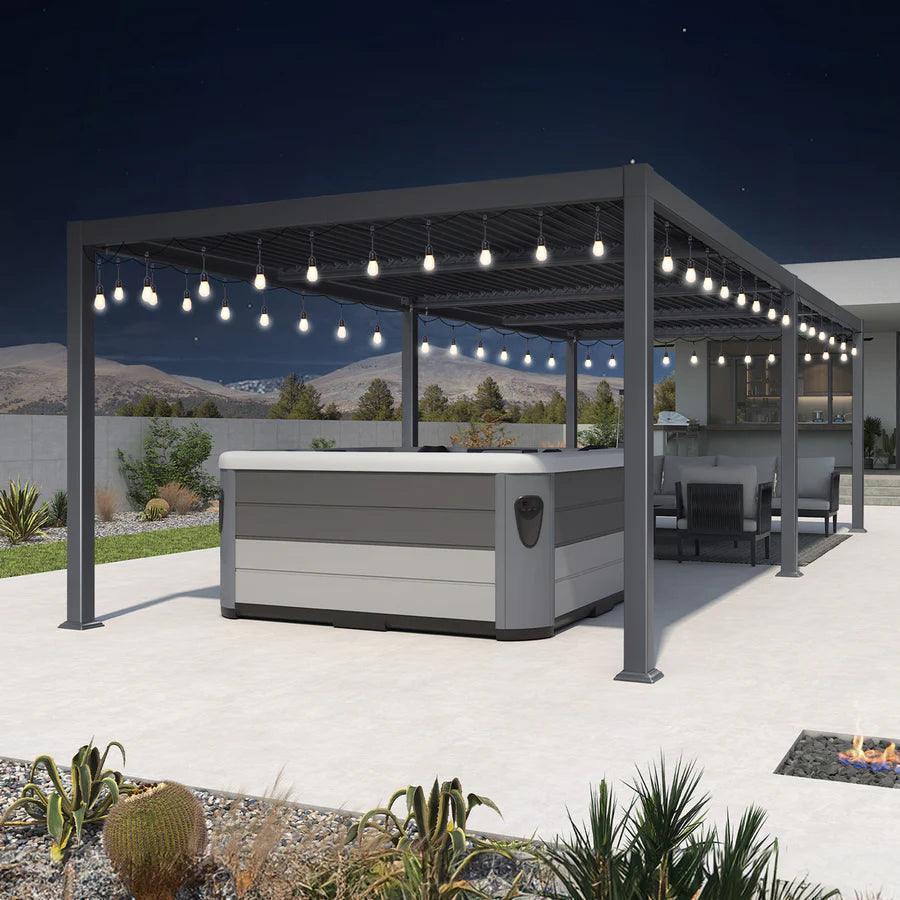 PURPLE LEAF Caesar Louvered Pergola with Yellow String Lights Patio Aluminum Pergola with Independent Adjustable Rainproof Roof Hardtop Pergola for Outdoor Deck Garden Yard
