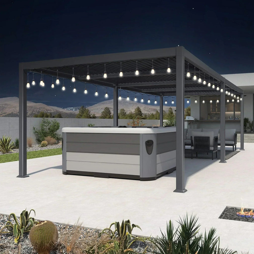 PURPLE LEAF Caesar Louvered Pergola with Milky String Lights Patio Aluminum Pergola with Independent Adjustable Rainproof Roof Hardtop Pergola for Outdoor Deck Garden Yard