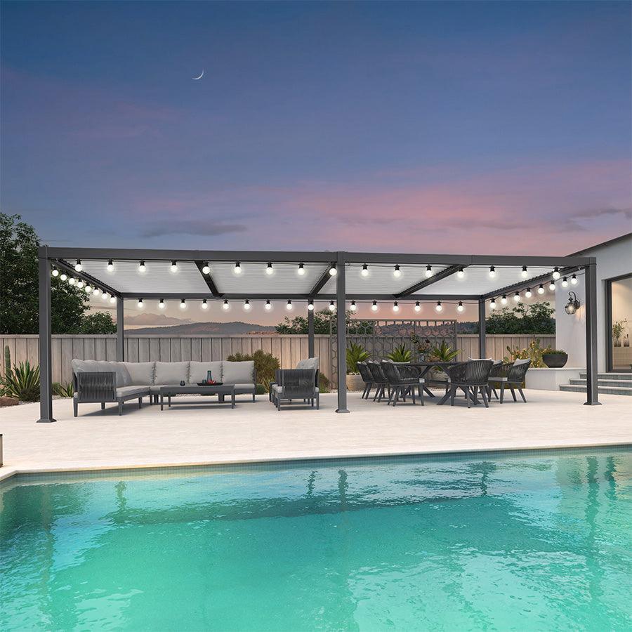 PURPLE LEAF Caesar Louvered Pergola with Milky String Lights Patio Aluminum Pergola with Independent Adjustable Rainproof Roof With Milky Lights