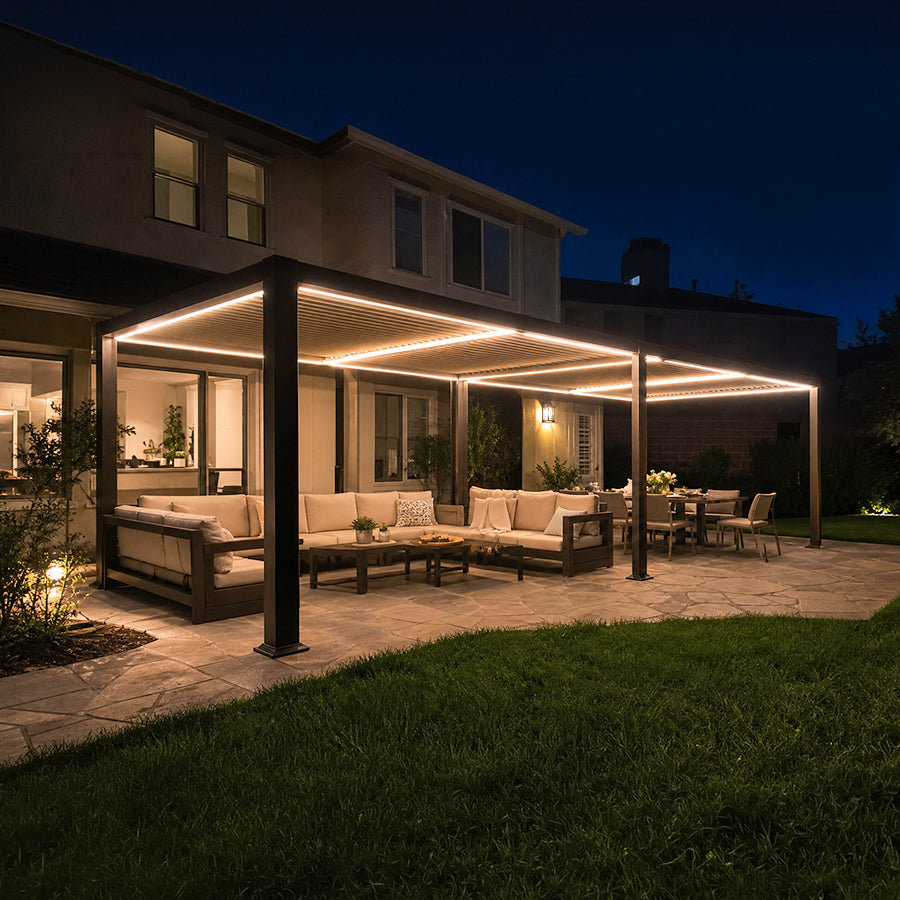 PURPLE LEAF Caesar Solar Louvered Pergola with LED Strip Lights and Control Panel Aluminum Outdoor Pergola with Adjustable Roof for Patio Deck Garden Yard Bronze