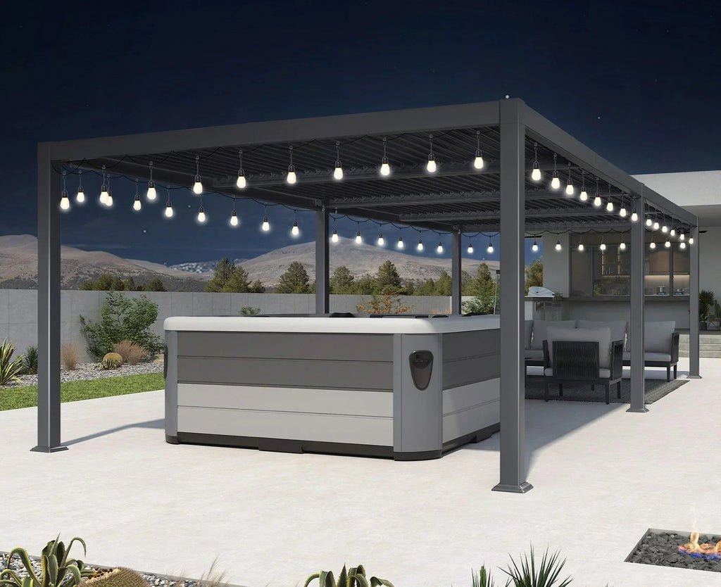 PURPLE LEAF Caesar Louvered Pergola with Milky String Lights Patio Aluminum Pergola with Independent Adjustable Rainproof Roof With Milky Lights