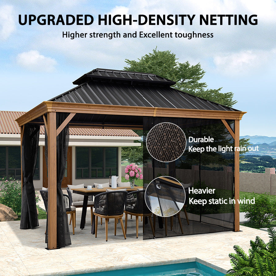 PURPLE LEAF Hardtop Gazebo for Patio Wood Grain Aluminum Frame Awning with Netting