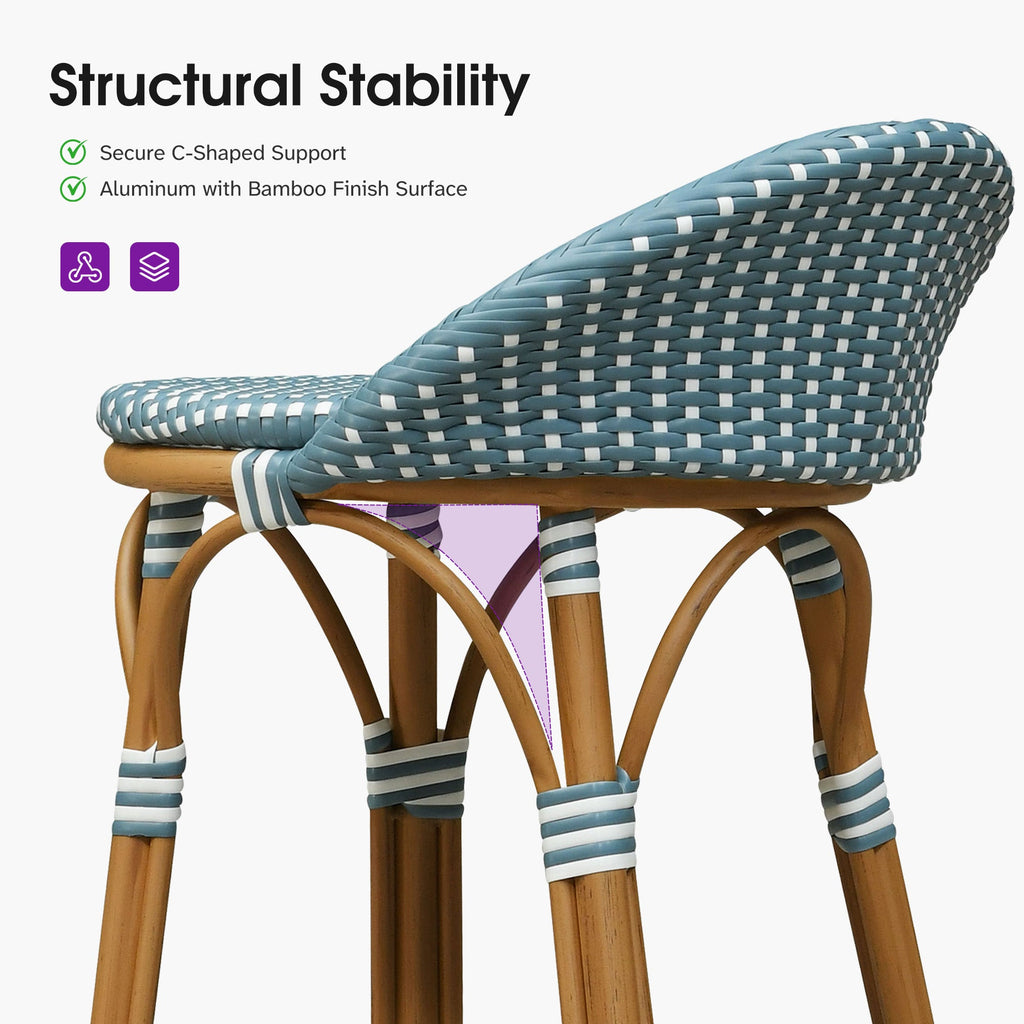 PURPLE LEAF Patio Oversized Backrest Bar Height Stool Set of 2 Outdoor Round Barstools Aluminum Frame Woven Rattan for Indoor Kitchen Dining Bistros Cafe Restaurant