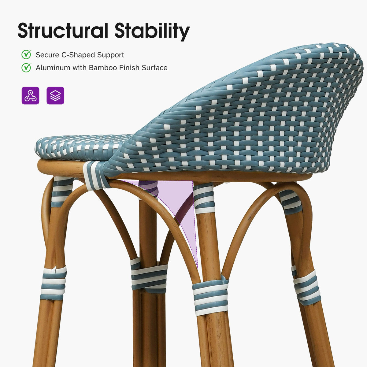 PURPLE LEAF Patio Oversized Backrest Bar Height Stool Set of 2 Outdoor Round Barstools Aluminum Frame Woven Rattan for Indoor Kitchen Dining Bistros Cafe Restaurant