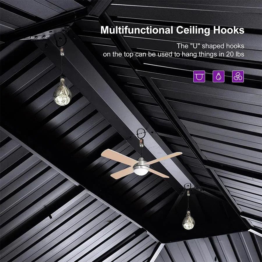 PURPLE LEAF – Pavillon à toit rigide pour terrasse, structure en aluminium effet bois avec guirlande lumineuse – clear