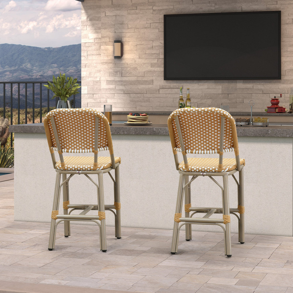 PURPLE LEAF Outdoor Bar Height Stools Set of 2 French Country Patio Rattan Bar Stool Chairs Outdoor Armless Barstools for Porch Garden Indoor Kitchen