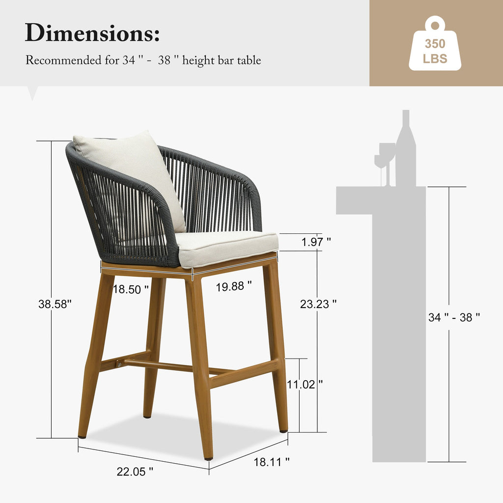PURPLE LEAF Outdoor Bar Stools Patio Modern Aluminum Rattan High Back & Arms Bar Chairs with Removable Cushions and Pillows  for Outdoor or Indoor