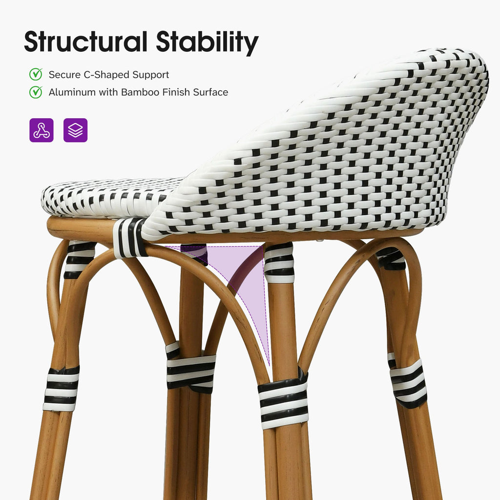 PURPLE LEAF Patio Oversized Backrest Bar Height Stool Set of 2 Outdoor Round Barstools Aluminum Frame Woven Rattan for Indoor Kitchen Dining Bistros Cafe Restaurant