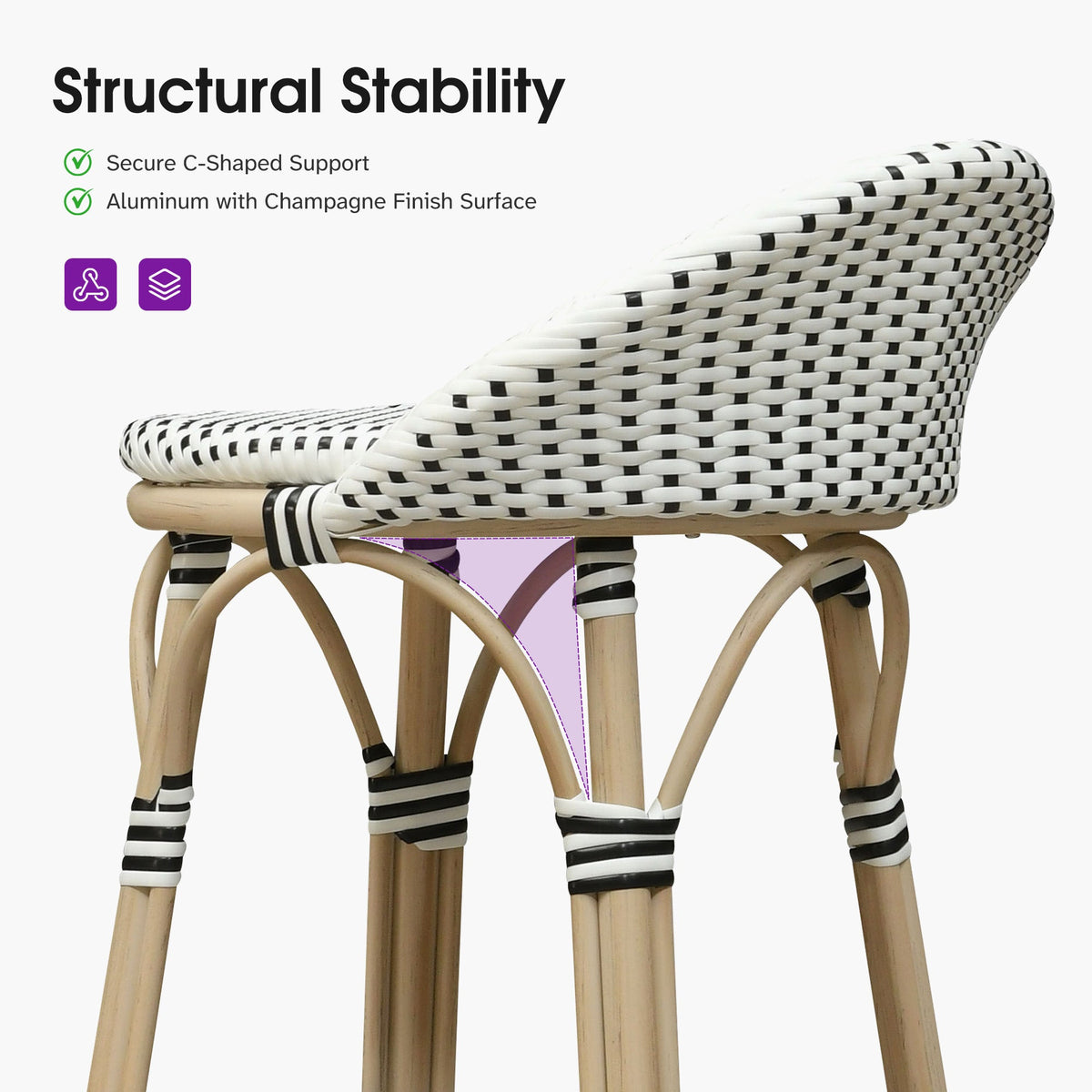PURPLE LEAF Patio Oversized Backrest Bar Height Stool Set of 2 Outdoor Round Barstools Aluminum Frame Woven Rattan for Indoor Kitchen Dining Bistros Cafe Restaurant