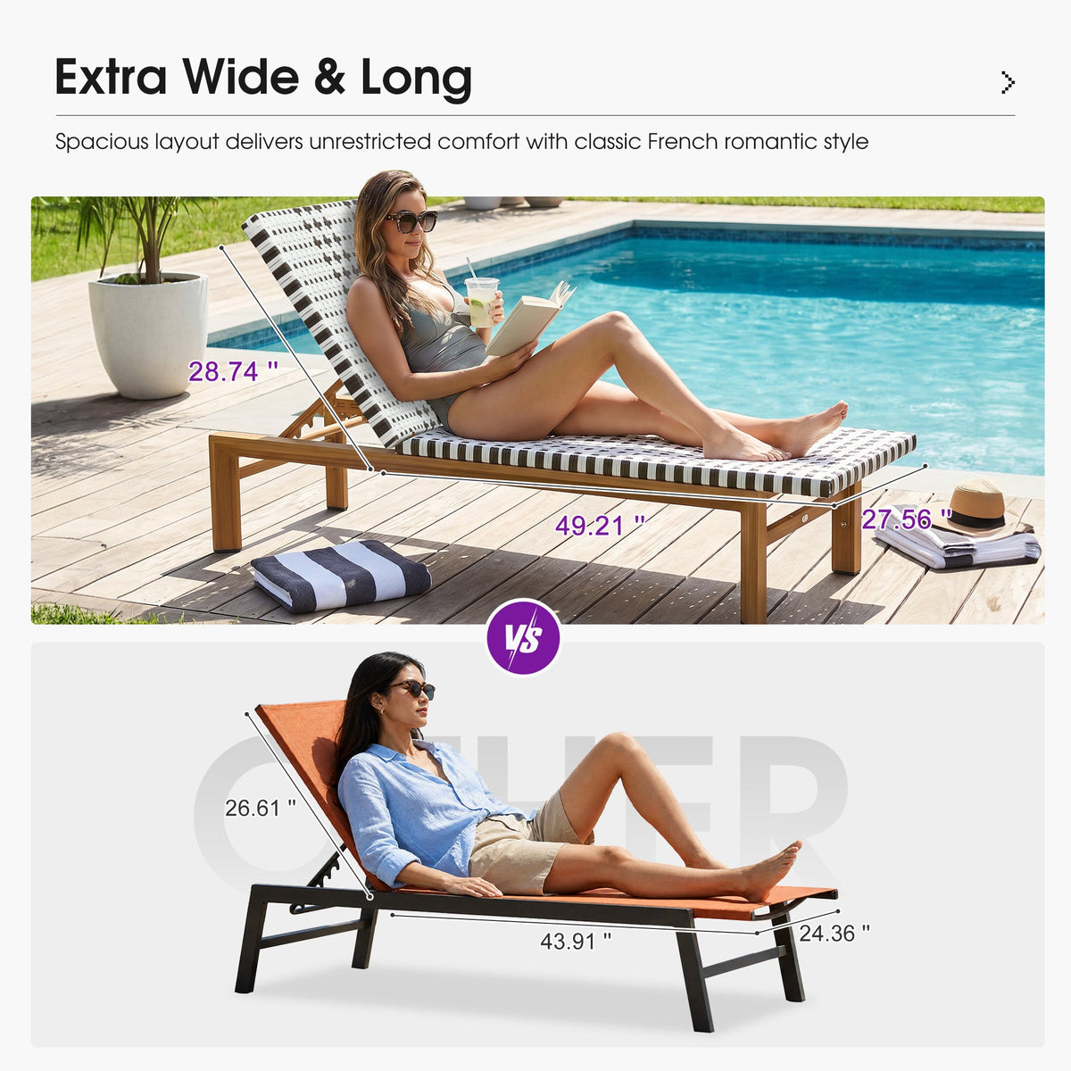PURPLE LEAF Outdoor Teak Chaise Lounge Chair, Wood Grain Aluminum Outdoor Pool Lounge Chairs with Adjustable Backrest, Breathable Recliner for Patio, Poolside, Garden