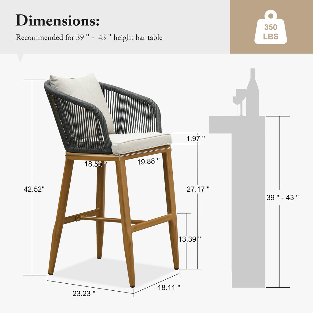 PURPLE LEAF Outdoor Bar Stools Patio Modern Aluminum Rattan High Back & Arms Bar Chairs with Removable Cushions and Pillows  for Outdoor or Indoor
