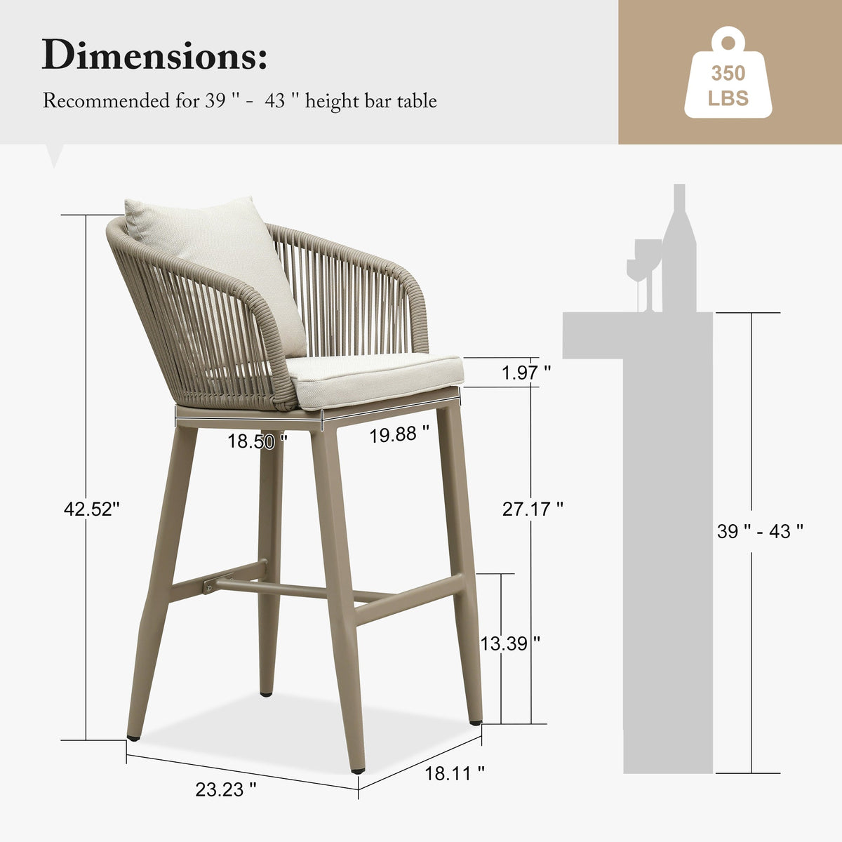 PURPLE LEAF Outdoor Bar Stools Patio Modern Aluminum Rattan High Back & Arms Bar Chairs with Removable Cushions and Pillows  for Outdoor or Indoor