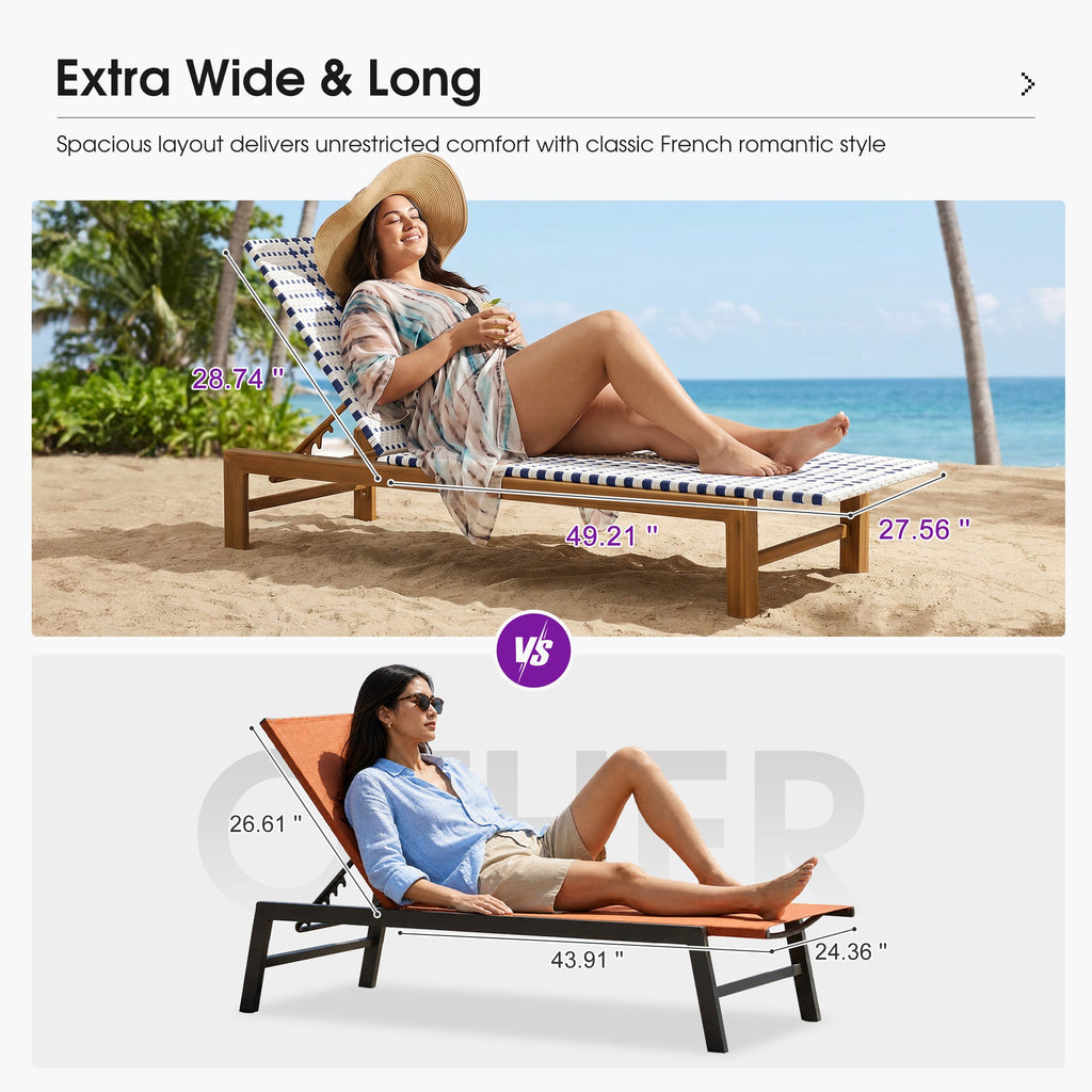 PURPLE LEAF Outdoor Teak Chaise Lounge Chair, Wood Grain Aluminum Outdoor Pool Lounge Chairs with Adjustable Backrest, Breathable Recliner for Patio, Poolside, Garden