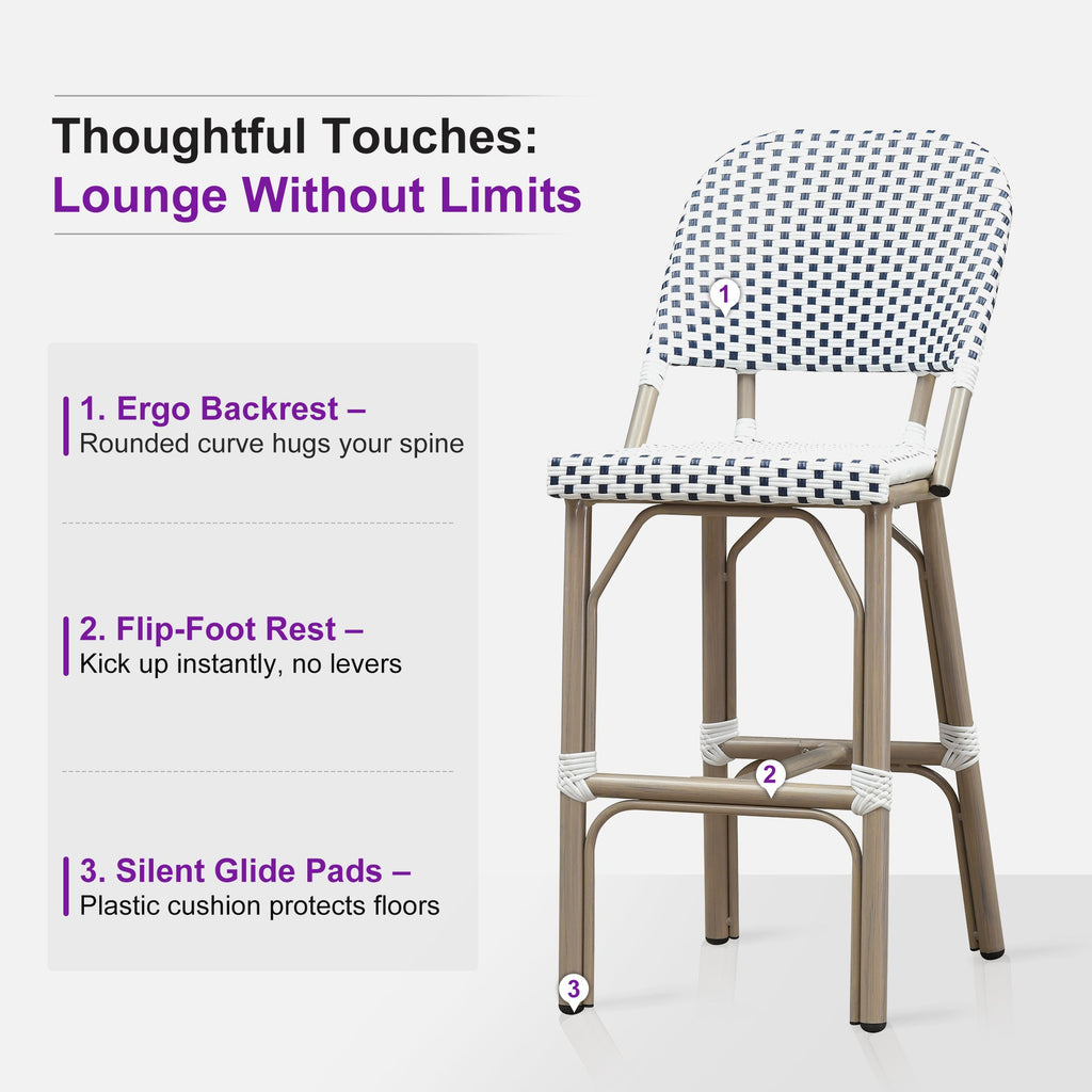 PURPLE LEAF Outdoor Bar Height Stools Set of 2 French Country Patio Rattan Bar Stool Chairs Outdoor Armless Barstools for Porch Garden Indoor Kitchen