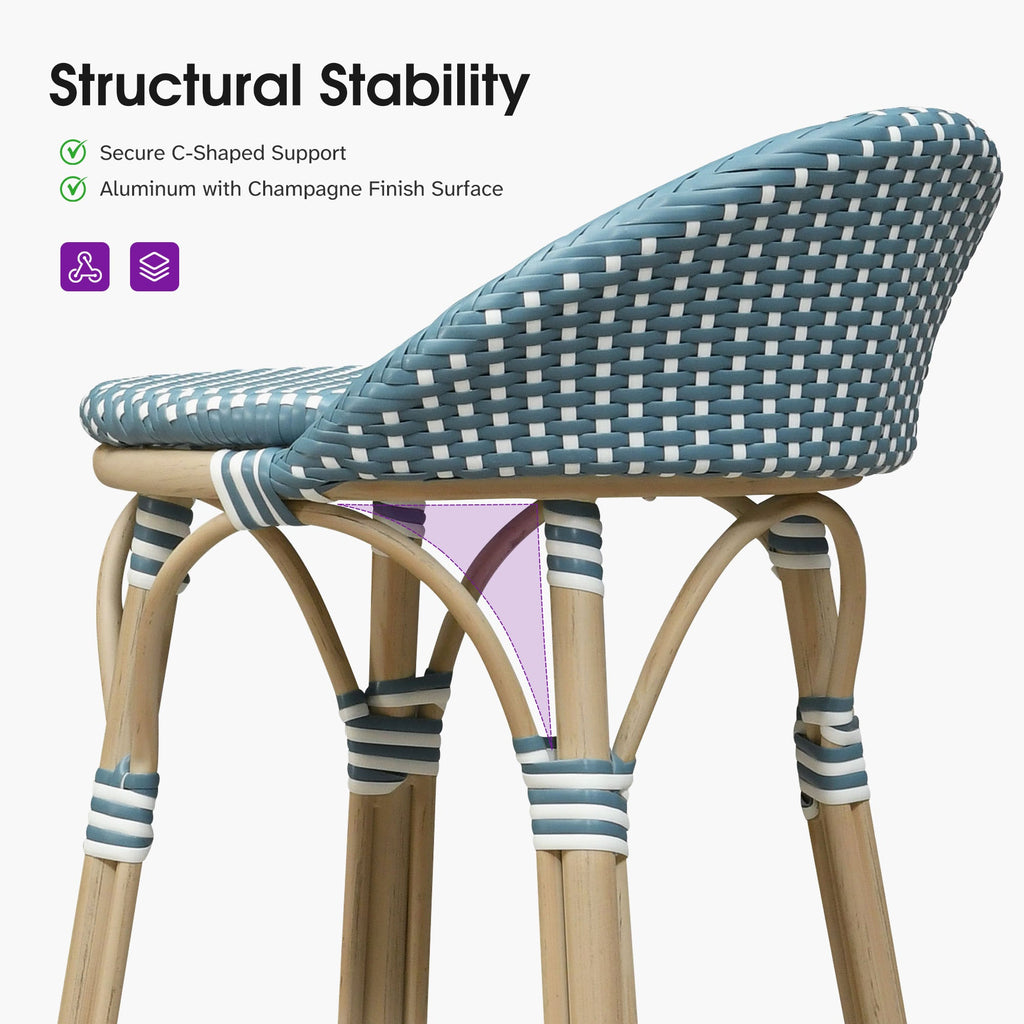 PURPLE LEAF Patio Oversized Backrest Bar Height Stool Set of 2 Outdoor Round Barstools Aluminum Frame Woven Rattan for Indoor Kitchen Dining Bistros Cafe Restaurant
