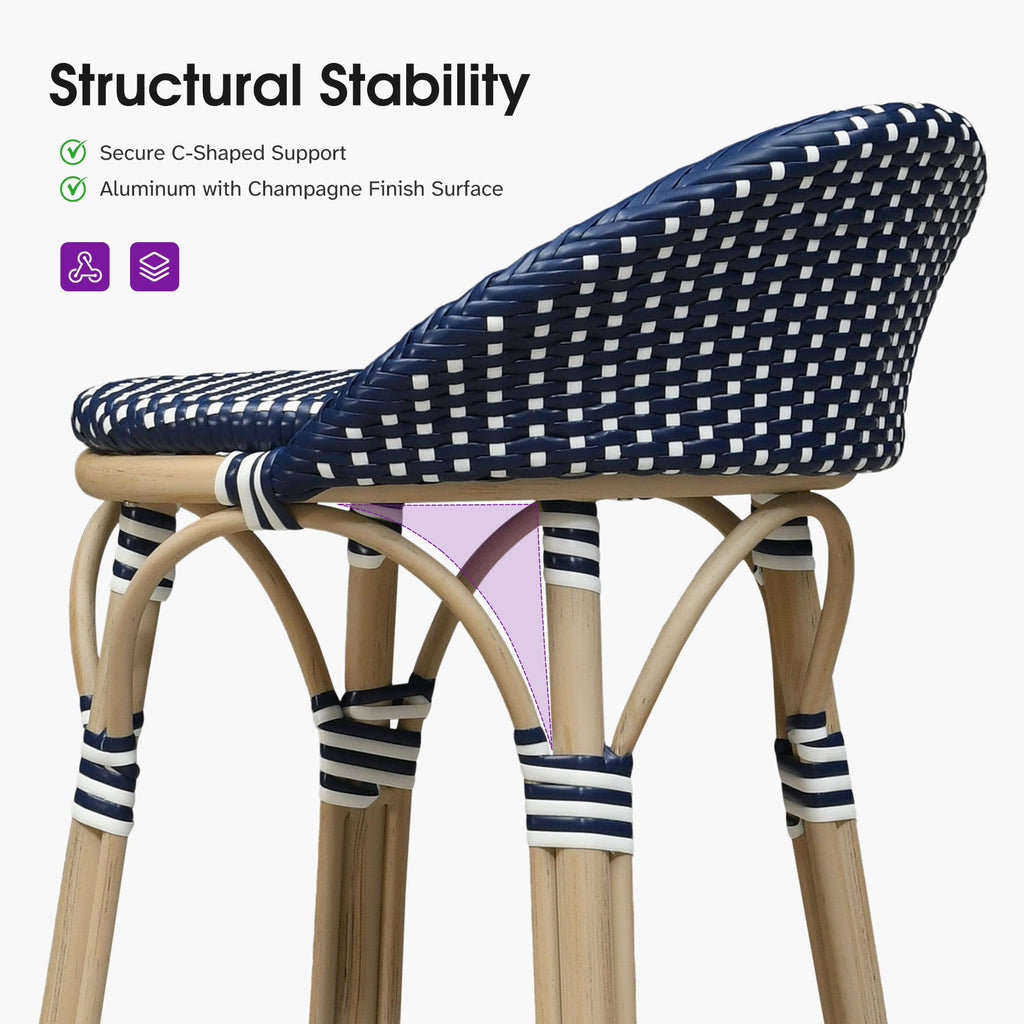 PURPLE LEAF Patio Oversized Backrest Bar Height Stool Set of 2 Outdoor Round Barstools Aluminum Frame Woven Rattan for Indoor Kitchen Dining Bistros Cafe Restaurant