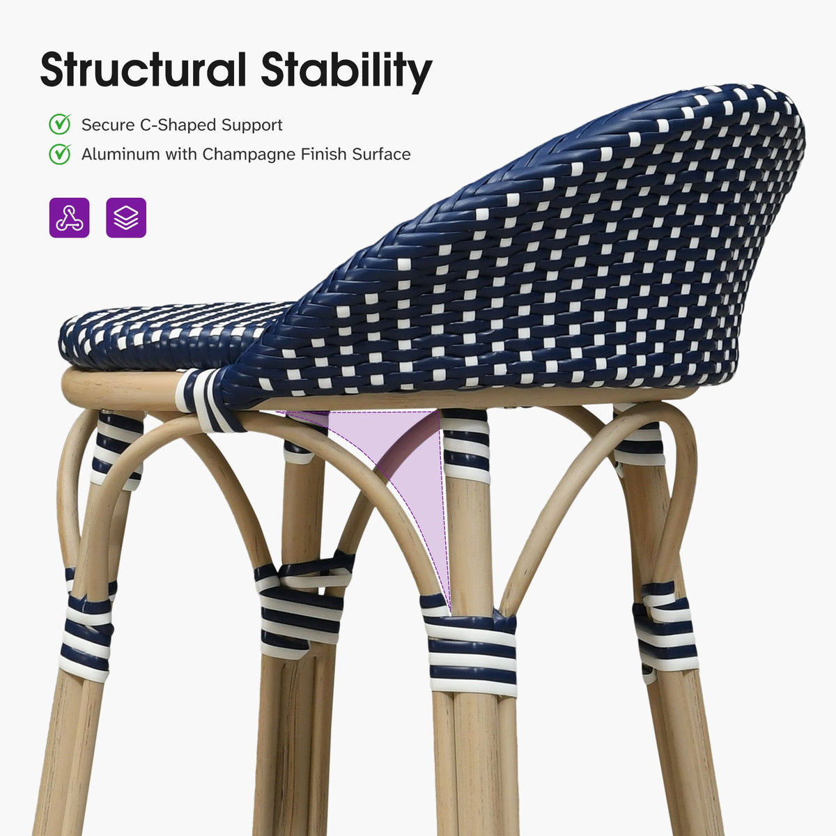 PURPLE LEAF Patio Oversized Backrest Bar Height Stool Set of 2 Outdoor Round Barstools Aluminum Frame Woven Rattan for Indoor Kitchen Dining Bistros Cafe Restaurant