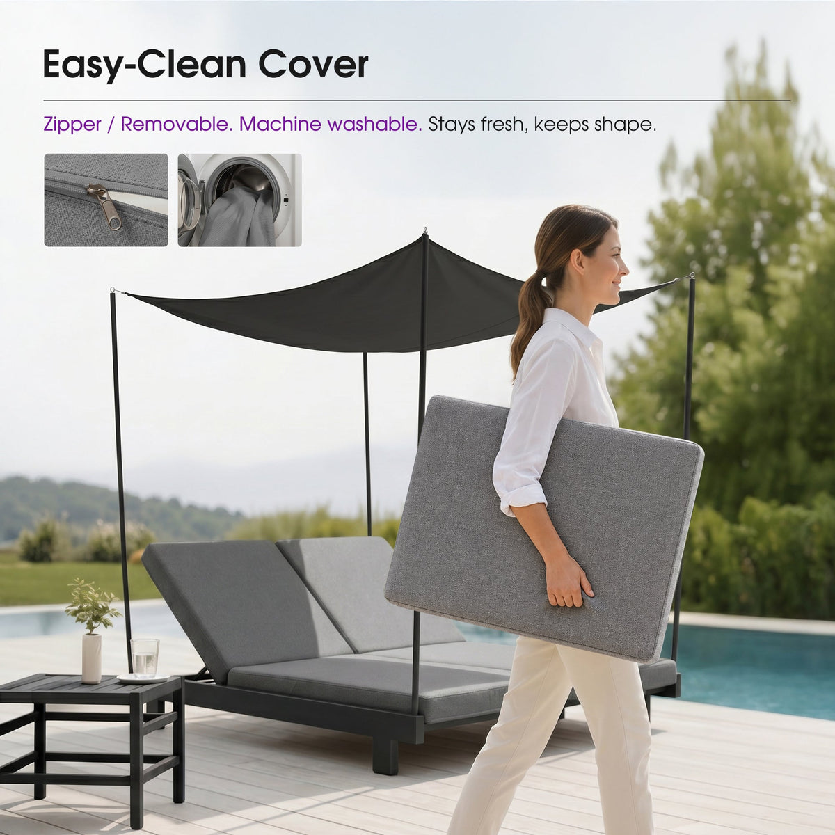 PURPLE LEAF Outdoor Luxury Daybed for Patio,  Poolside Chaise Lounge Bed with Cushion, Olefin Blend Fabric, Aluminum Frame Sunbed for Deck and Backyard