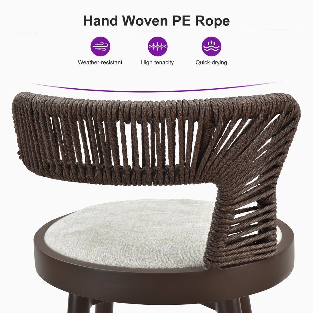 PURPLE LEAF Outdoor Swivel Bar Stools Set of 2 Metal Modern Rattan Bar Chairs with Backrest Aluminum Woven Barstools with Cushions