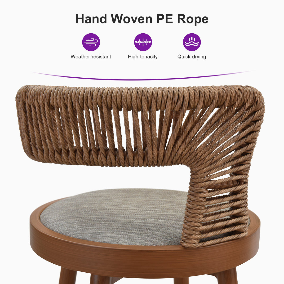 PURPLE LEAF Outdoor Swivel Bar Stools Set of 2 Metal Modern Rattan Bar Chairs with Backrest Aluminum Woven Barstools with Cushions