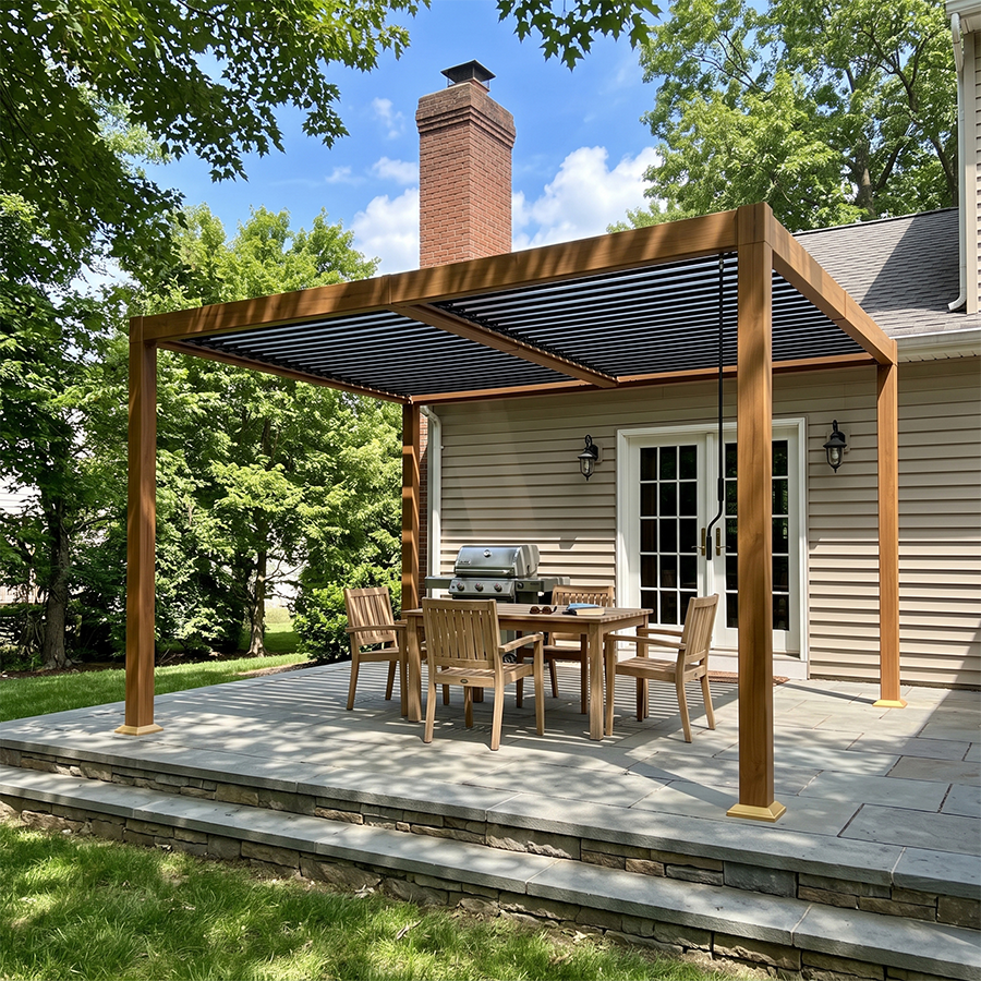 PURPLE LEAF Caesar Louvered Pergola Outdoor Wood Grain Frame Gray  Roof Aluminum Pergola with Adjustable Roof Patio Hardtop Gazebo for Backyard Garden